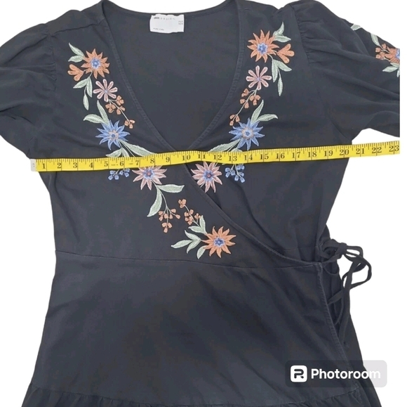ASOS Black Embroidered Puff Sleeve Wrap Mini Dress Size 14 - Picture 6 of 12